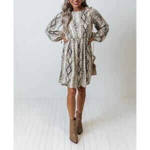 J.Crew Ruffled Snakeskin 3/4 Balloon Sleeve High Neck Mini Dress Lined M Biege